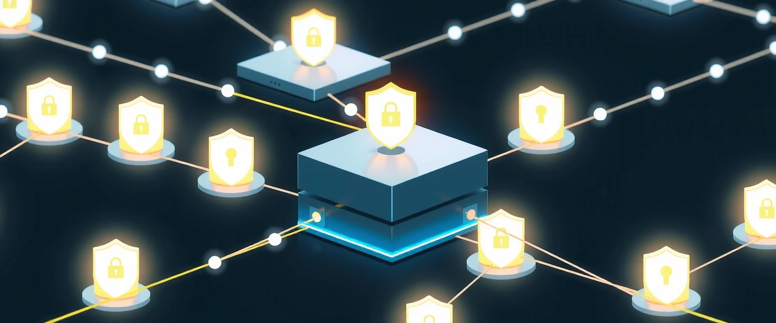 Abstract network with glowing security measures and a central fortified data center